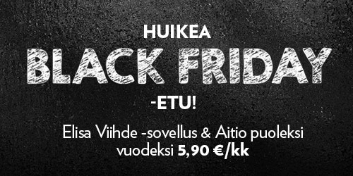 Tämä ei toistu! Saat nyt Elisa Viihde -sovelluksen ja Aition huikeaan etuhintaan 5,90 €/kk 6 kuukauden ajaksi. (Hinta 6 kk:n jälkeen 11,90 €/kk.) Huomaathan, että tarjous on määräaikainen (6kk) ja voimassa vain 24.-26.11.