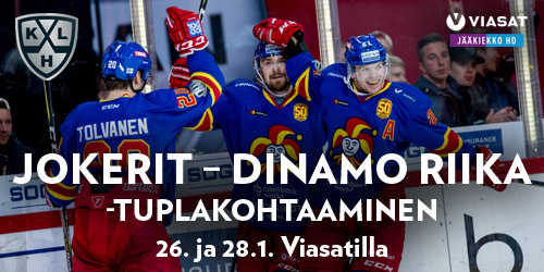 KHL jää pian kuukauden olympiatauolle, mutta viikonloppuna ehtii vielä kannustamaan Jokereita voittoon. Katso  tuplakohtaaminen Dinamo Riikaa vastaan: perjantaina kotipeli klo 18.30  ja vieraspeli sunnuntaina klo 16.55.